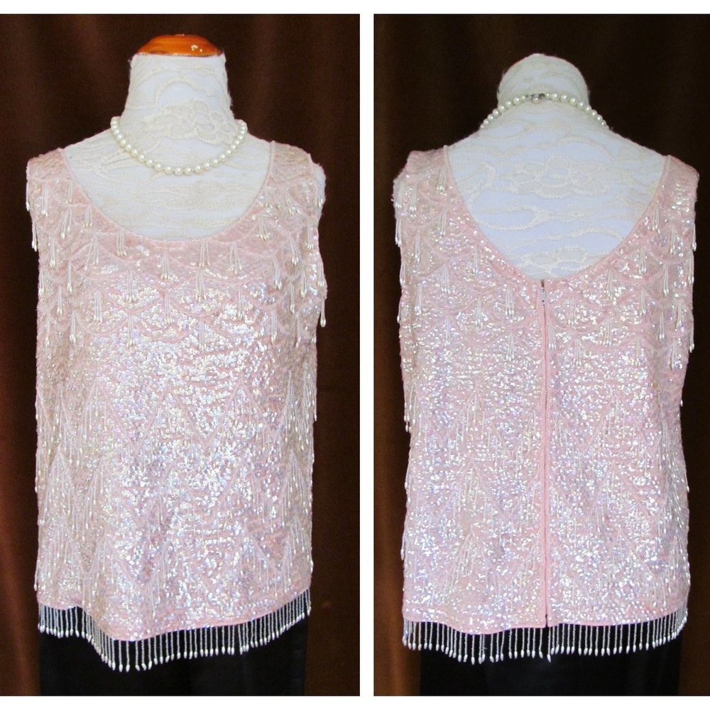 Vintage '50s Sequin Bead Fringe Sleeveless Sweater